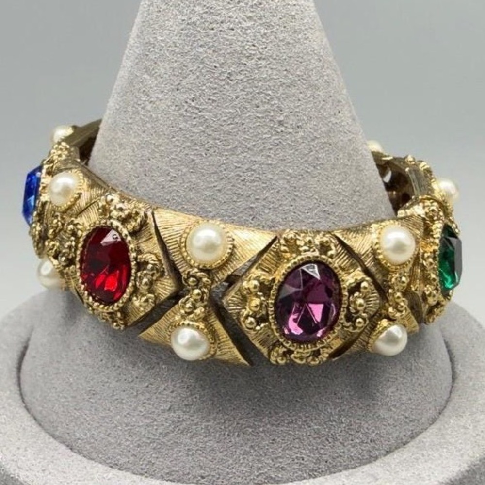 Vintage Bracelet Gold Tone Multi‎ Color Rhinestone Chunky Statement 6.5"